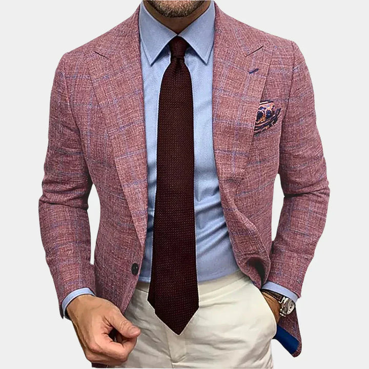 "Rode slank fit herenblazer, modern en veelzijdig, perfect voor elke gelegenheid. Maak je outfit compleet met stijlvolle eleg
