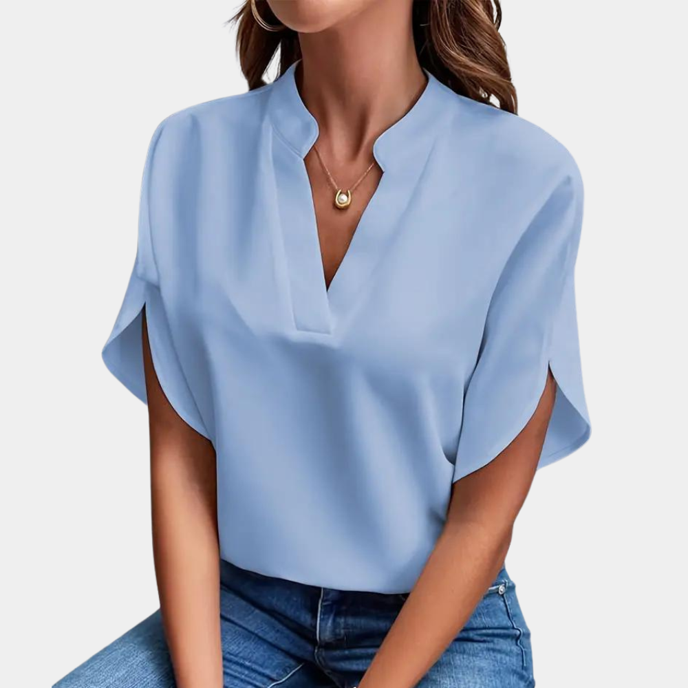 "Roze effen dames V-hals blouse met korte mouwen, stijlvolle en veelzijdige top voor zowel zakelijke als casual outfits"