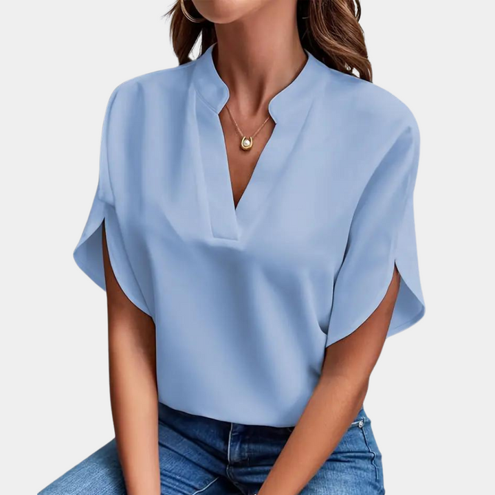 "Roze effen dames V-hals blouse met korte mouwen, stijlvolle en veelzijdige top voor zowel zakelijke als casual outfits"