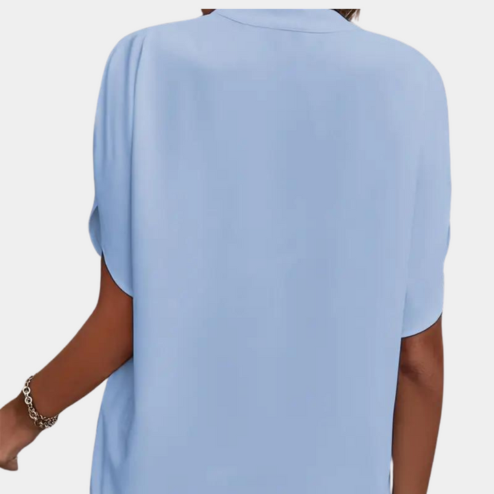 "Roze effen dames V-hals blouse met korte mouwen, stijlvolle en veelzijdige top voor zowel zakelijke als casual outfits"