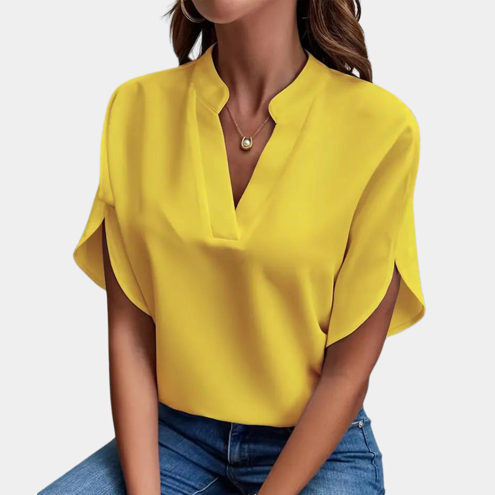 "Roze effen dames V-hals blouse met korte mouwen, stijlvolle en veelzijdige top voor zowel zakelijke als casual outfits"