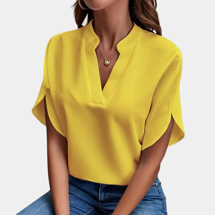 "Roze effen dames V-hals blouse met korte mouwen, stijlvolle en veelzijdige top voor zowel zakelijke als casual outfits"