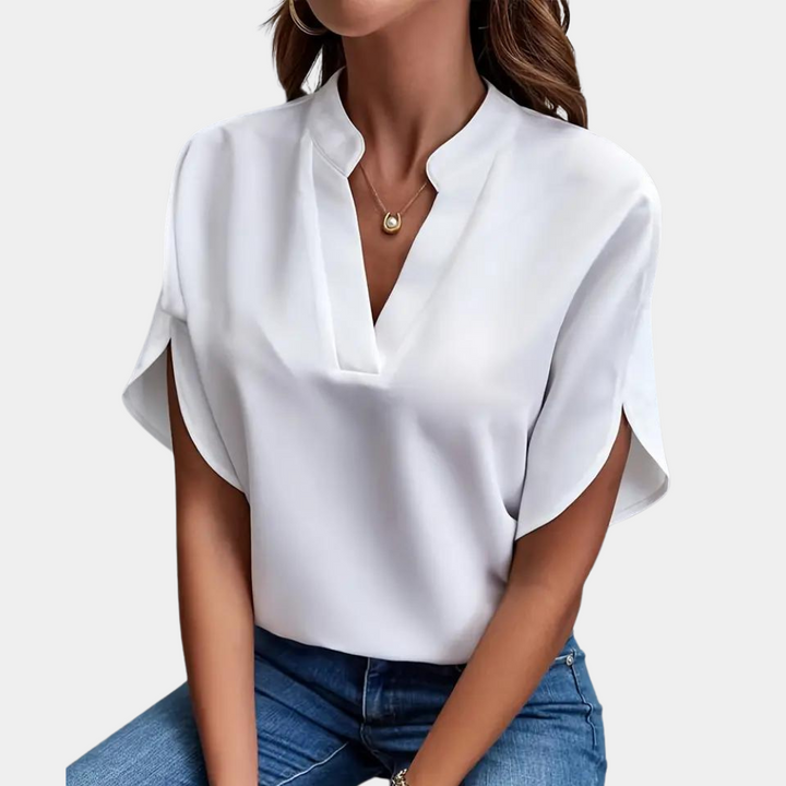 "Roze effen dames V-hals blouse met korte mouwen, stijlvolle en veelzijdige top voor zowel zakelijke als casual outfits"