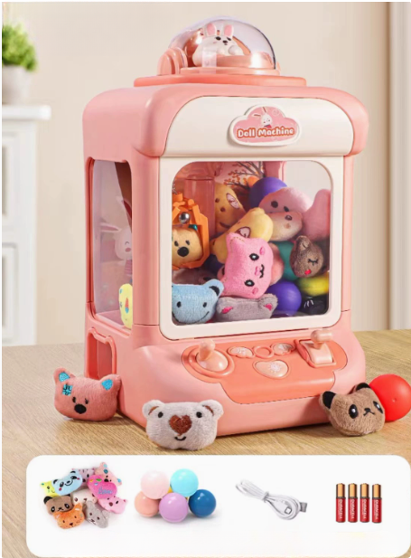 "Roze Mini Claw Machine speelgoed met licht- en geluidseffecten voor kinderen, ontwikkelt fijne motorische vaardigheden."