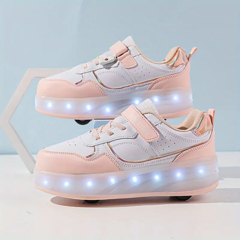 "Roze rolschoenen met wielen en LED-lampjes, ideaal voor kinderen. Trendy design, geschikt voor spelen en dagelijks gebruik."
