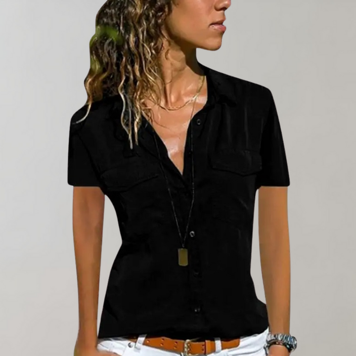 "Roze zomerse damesblouse met korte mouwen, elegante pasvorm, luchtig en veelzijdig voor warme dagen."