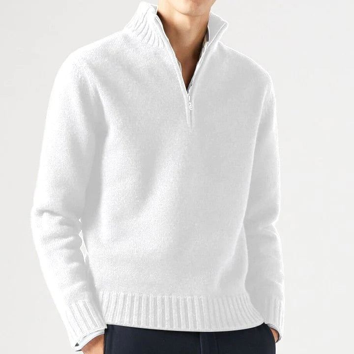 Stijlvolle herenpullover met opstaande kraag en ritssluiting, detailopname