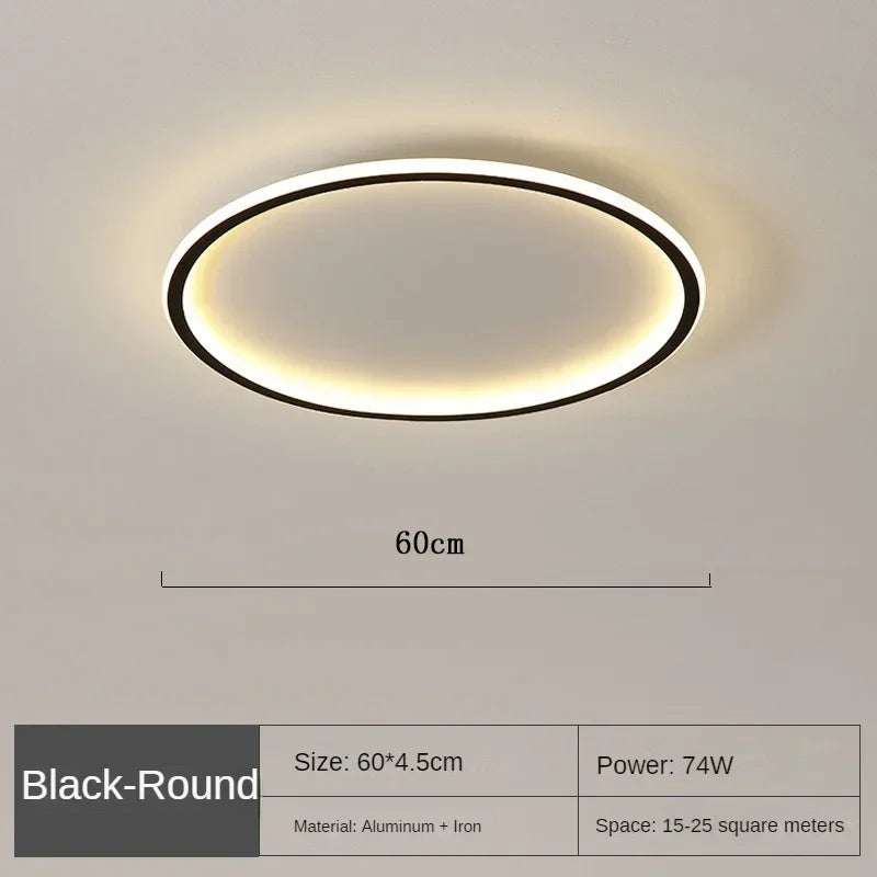 "Scandinavische ronde LED plafondlamp met minimalistisch ontwerp, metalen behuizing, glazen kap, past in modern interieur."