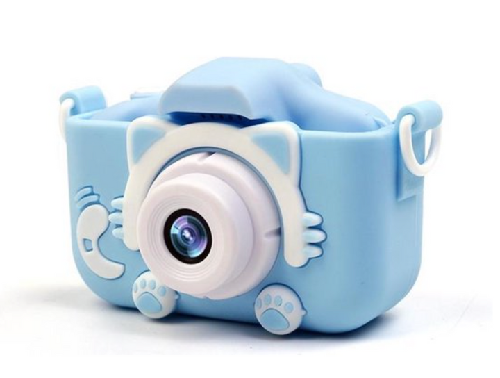 "Schattige blauwe HD mini camera voor kinderen, schokbestendig, 20 MP, en 1080p video-opname, met stevig ontwerp."