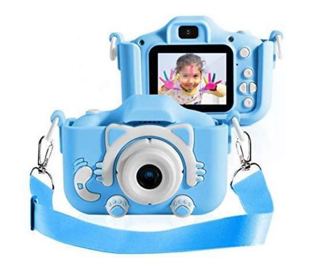 "Schattige blauwe HD mini camera voor kinderen, schokbestendig, 20 MP, en 1080p video-opname, met stevig ontwerp."