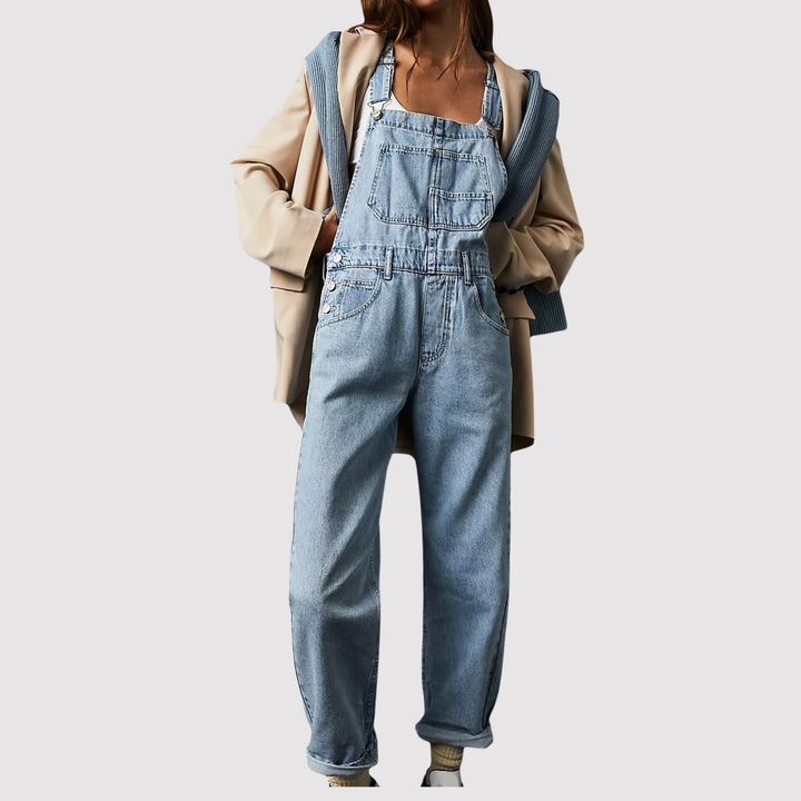 Dames denim tuinbroek met losse pasvorm, ideaal voor een comfortabele en modieuze casual lente/zomer look.