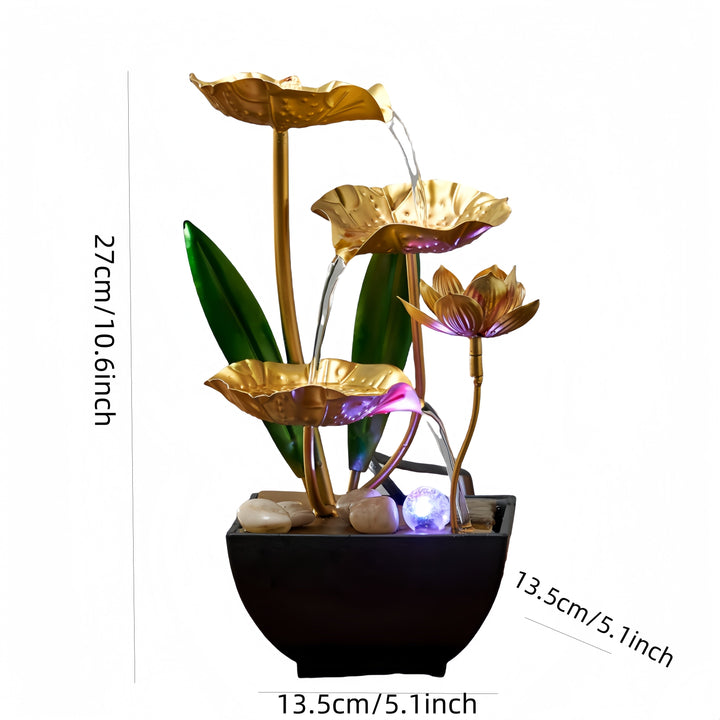 Sfeervolle binnenfontein met lotus elementen en rustgevende waterstroom, perfect voor meditatie en een zen interieur.