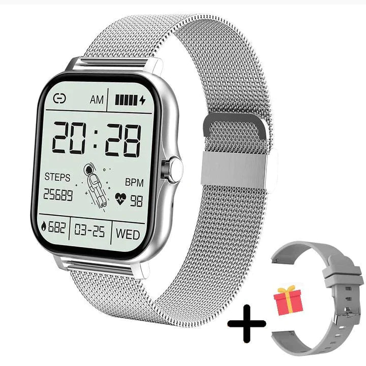 Vrouw checkt meldingen op haar elegante touchscreen dames smartwatch, een stijlvolle fitness tracker.