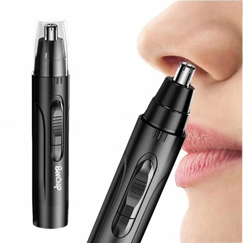 "Slanke, draagbare neus- en oorhaartrimmer, elegant zwart, pijnloos scheren voor mannen en vrouwen, oplaadbaar via USB."