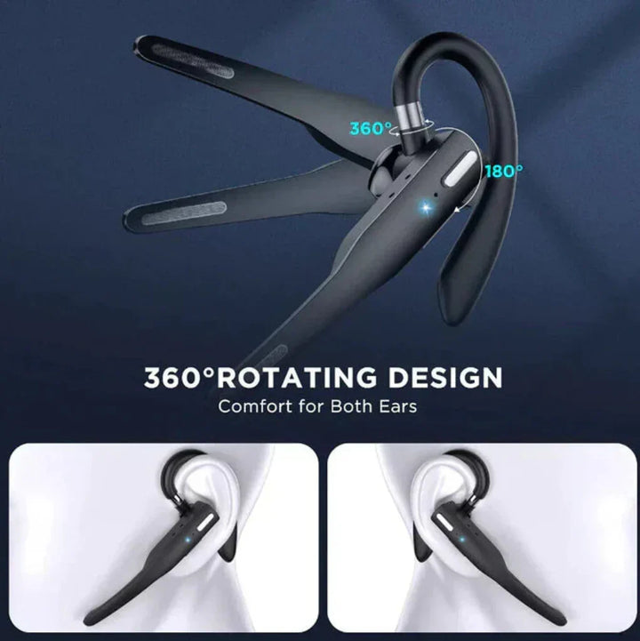 Detailopname van de 360 graden draaibare headset met draaginstructies