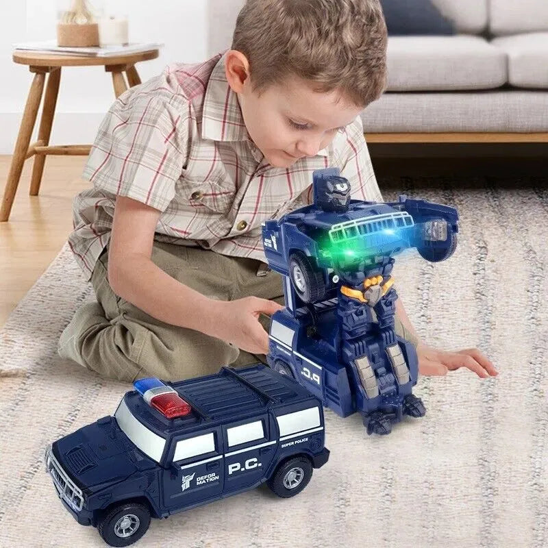 "Speelgoed transformerende robotauto verandert van politieauto naar robot met LED-lichten en 360° driftwielen"