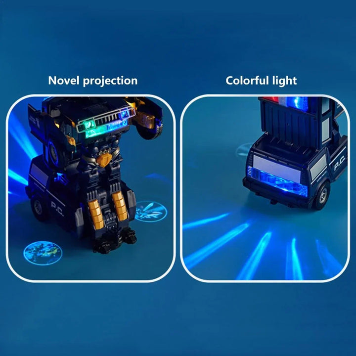 "Speelgoed transformerende robotauto verandert van politieauto naar robot met LED-lichten en 360° driftwielen"