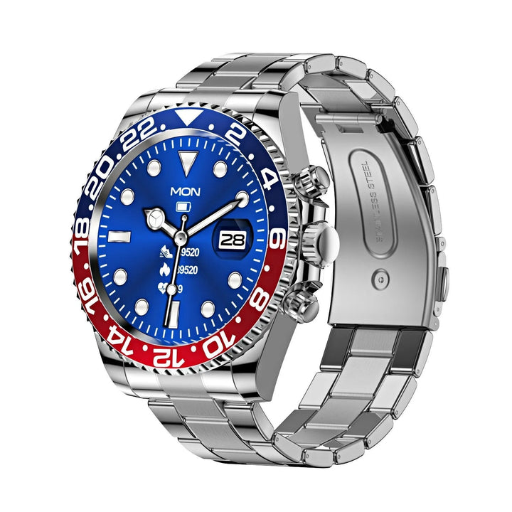 Stalen TimeMaster smartwatch met blauw staal en touchscreen, stijlvol ontwerp voor de moderne man, veelzijdige kleuren.
