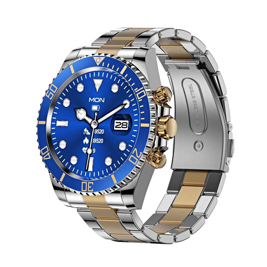 Stalen TimeMaster smartwatch met blauw staal en touchscreen, stijlvol ontwerp voor de moderne man, veelzijdige kleuren.