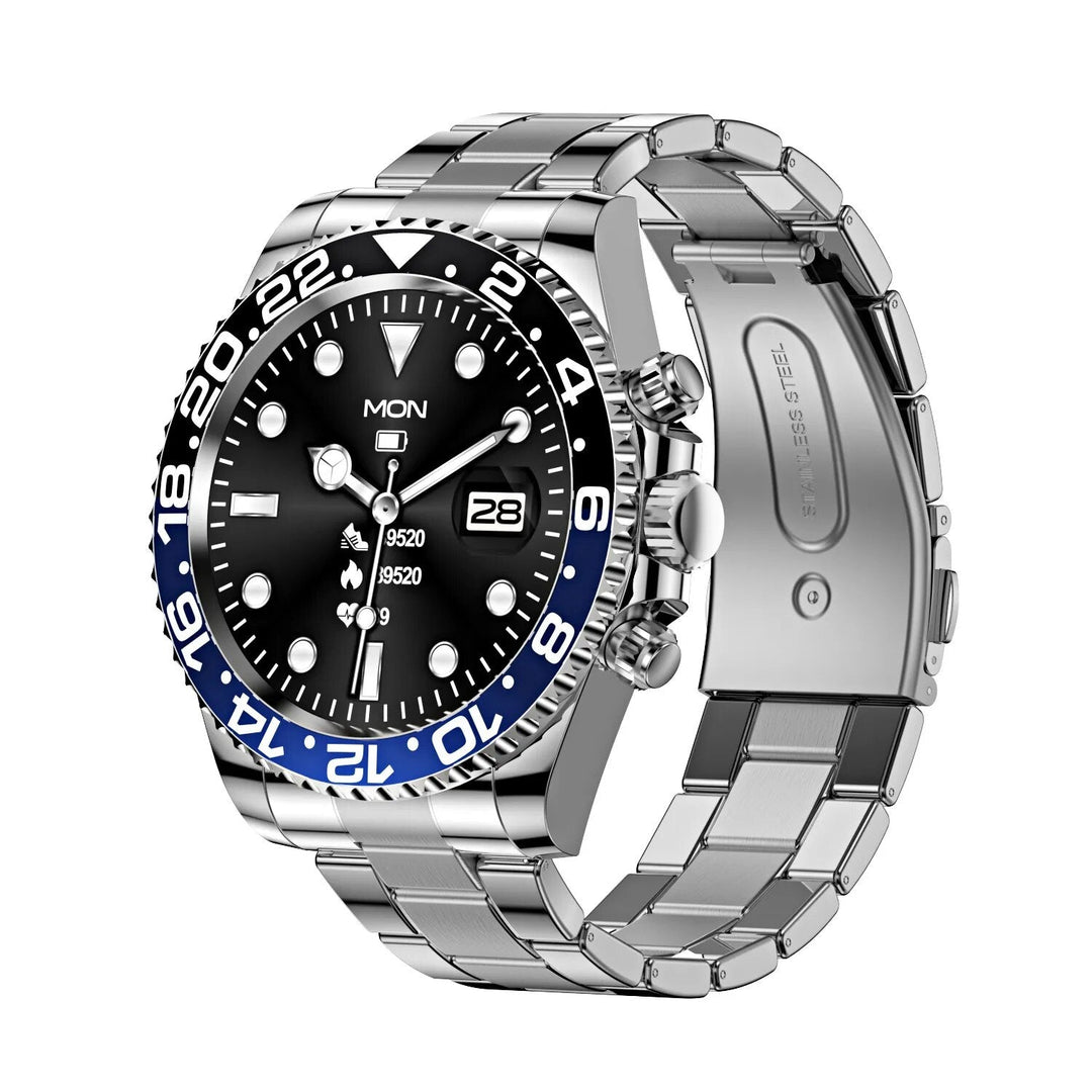 Stalen TimeMaster smartwatch met blauw staal en touchscreen, stijlvol ontwerp voor de moderne man, veelzijdige kleuren.