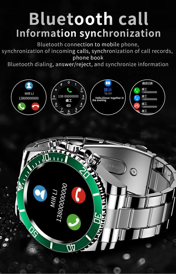 Stalen TimeMaster smartwatch met blauw staal en touchscreen, stijlvol ontwerp voor de moderne man, veelzijdige kleuren.