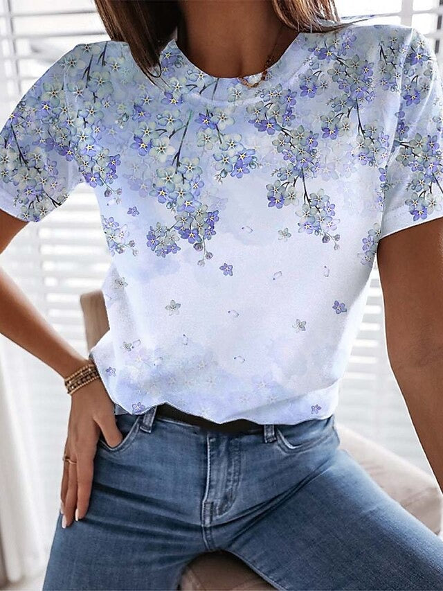 Stijlvol bloemenprint dames T-shirt met korte mouwen, verfijnde print en comfortabele pasvorm, ideaal voor dagelijks gebruik.