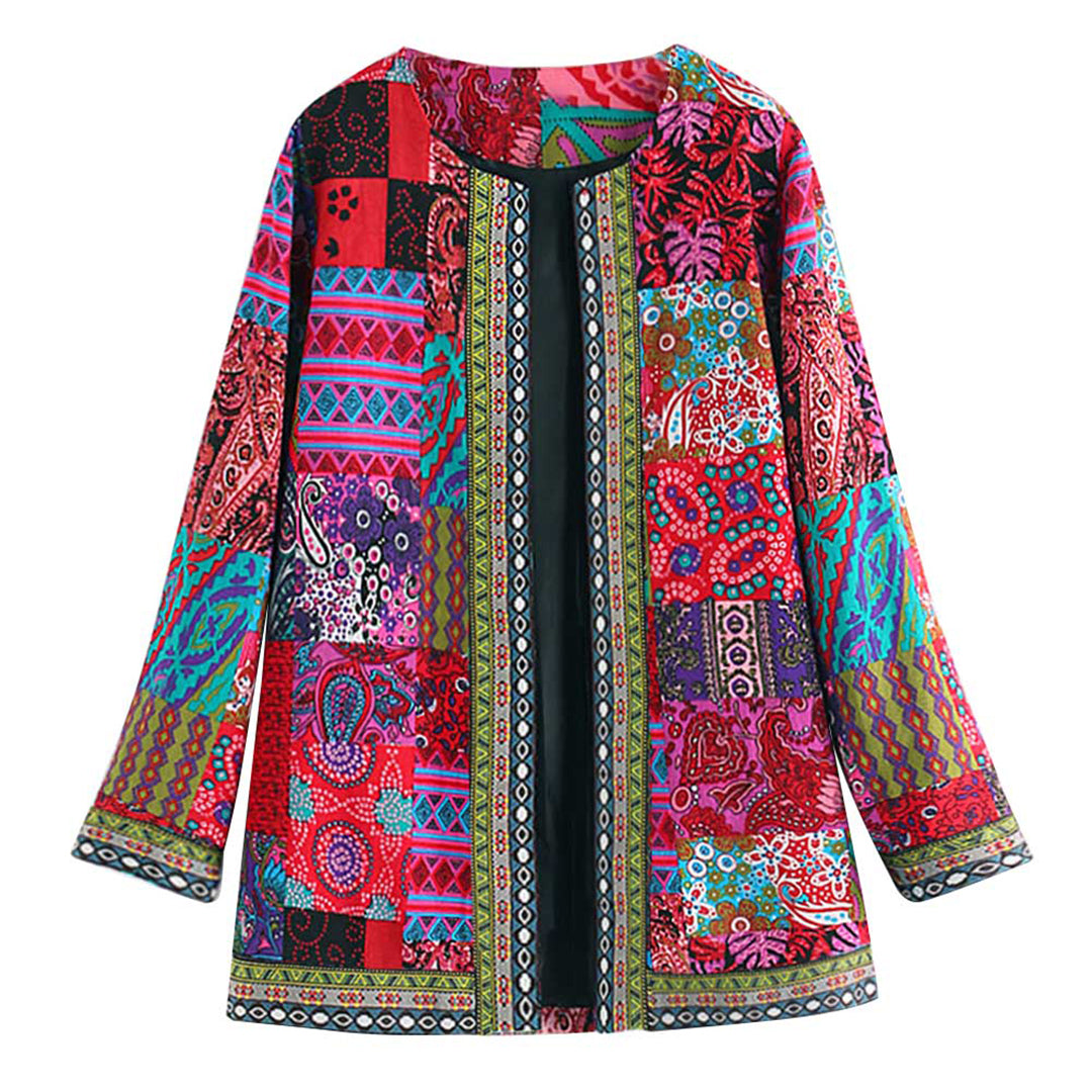 "Stijlvol bohemian lang damesvest met levendig patroon en open voorkant, ideaal voor casual lagen en comfortabel dragen."
