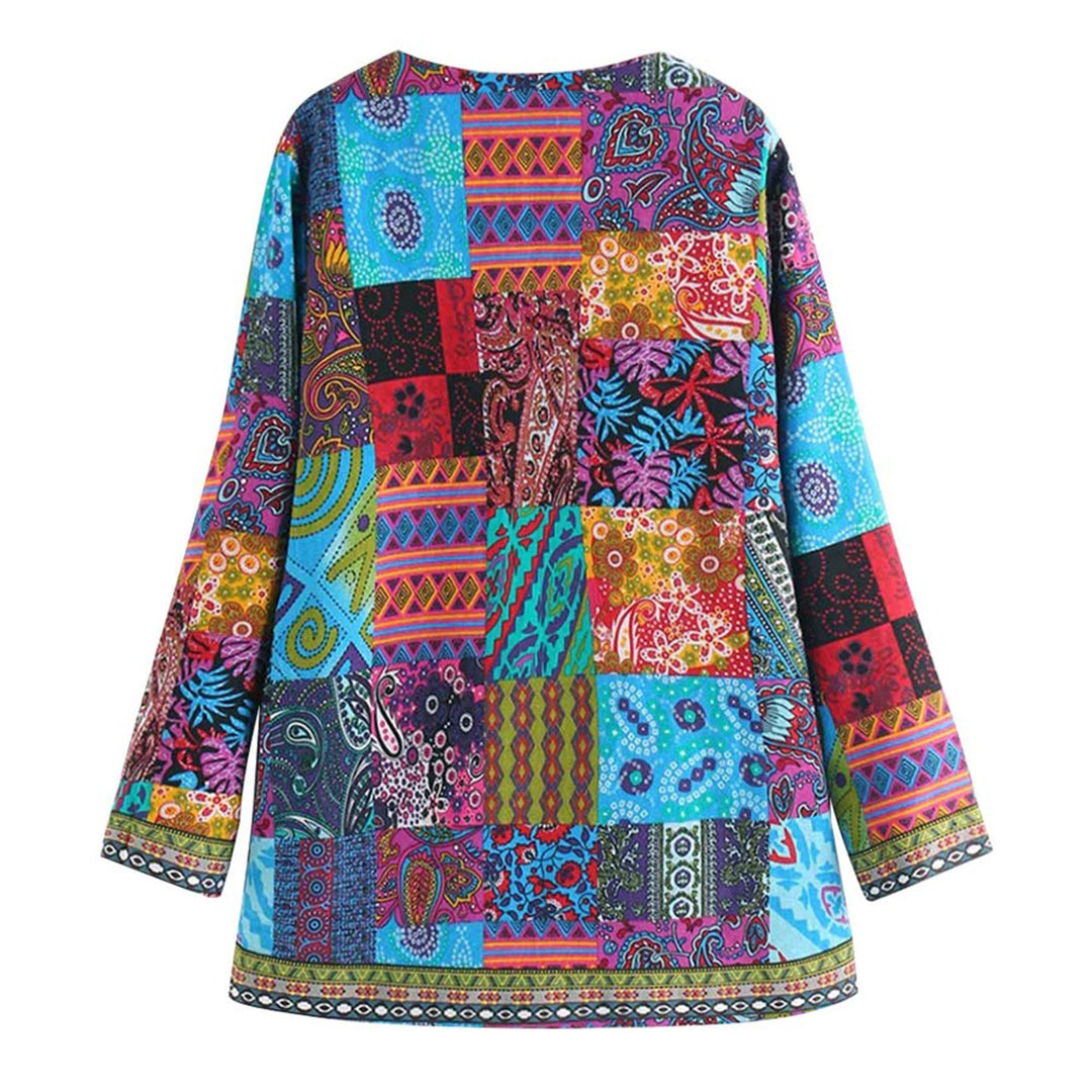 "Stijlvol bohemian lang damesvest met levendig patroon en open voorkant, ideaal voor casual lagen en comfortabel dragen."