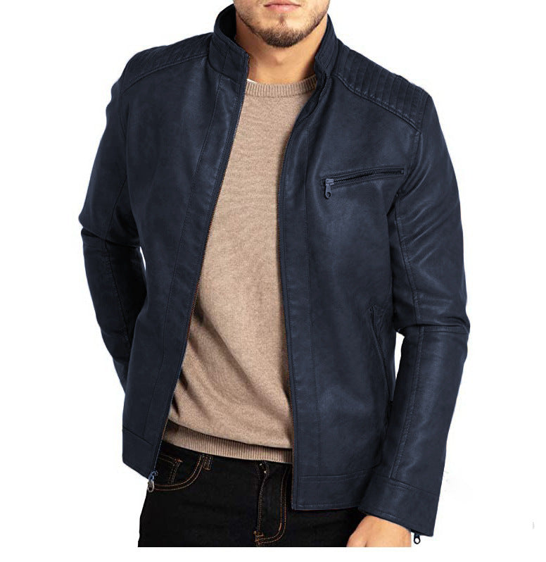 Donkerblauw heren bikerjack met opstaande kraag, stijlvol en veelzijdig voor een casual of moderne look.