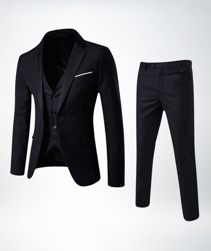 "Stijlvol heren driedelig pak met klassiek silhouet, grijsblauw, verfijnd design voor formele en semi-casual gelegenheden."