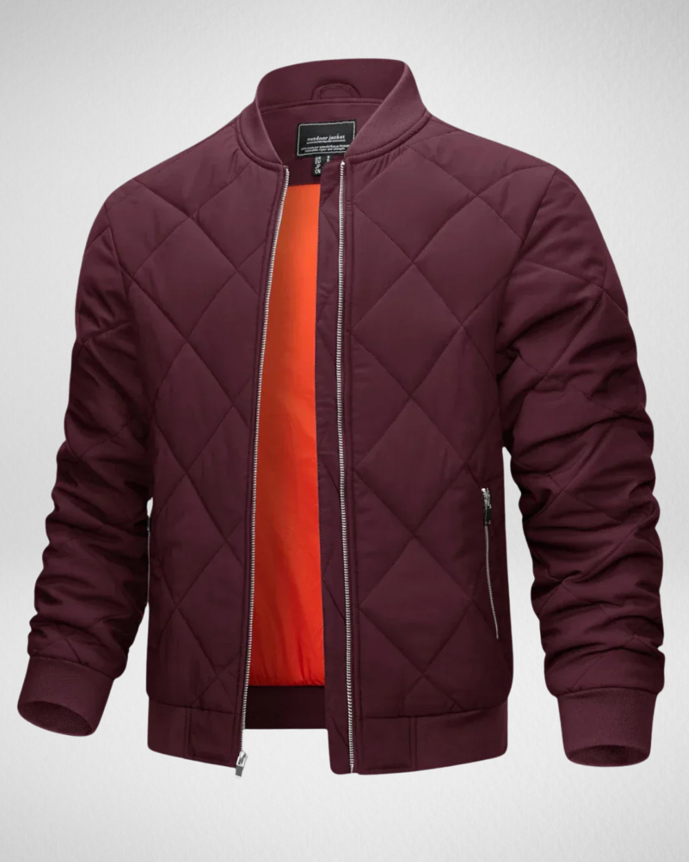 Stijlvol heren gewatteerd bomberjack in bordeauxrood met ritssluiting; ideaal voor herfst en winter.