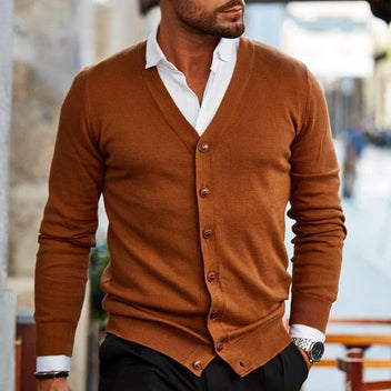"Stijlvol heren kasjmier cardigan vest, grijs, luxueuze uitstraling, zachte textuur, geschikt voor dagelijks of speciale gele