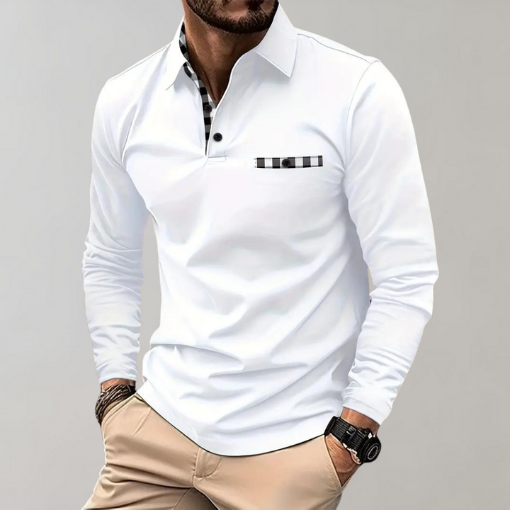 Stijlvol heren poloshirt met lange mouwen in marineblauw, zilvergrijs en zwart voor comfort en veelzijdige uitstraling.