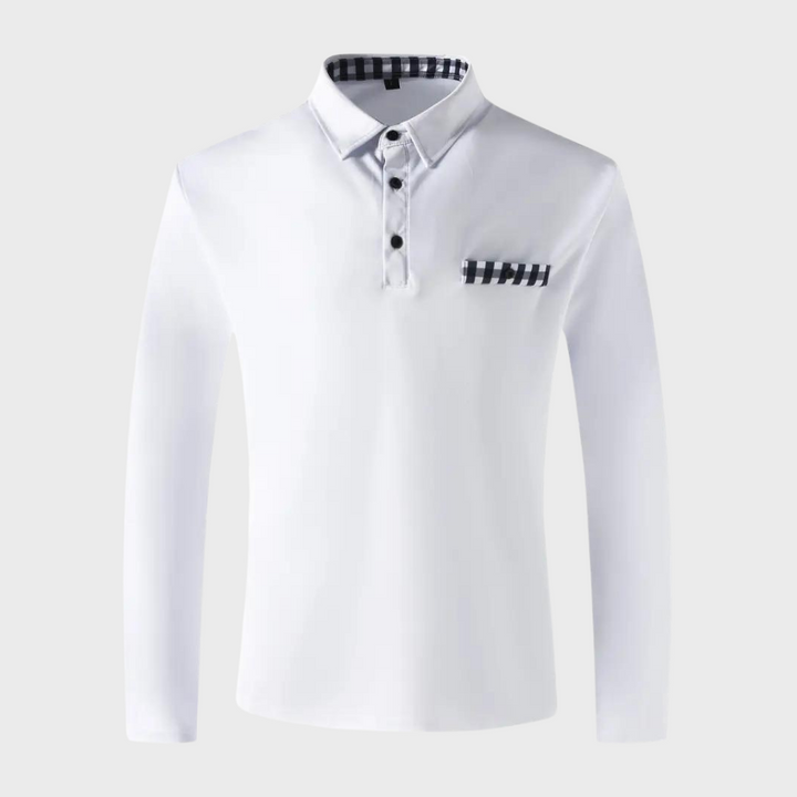 Stijlvol heren poloshirt met lange mouwen in marineblauw, zilvergrijs en zwart voor comfort en veelzijdige uitstraling.