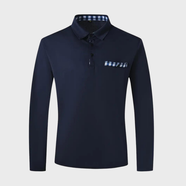 Stijlvol heren poloshirt met lange mouwen in marineblauw, zilvergrijs en zwart voor comfort en veelzijdige uitstraling.