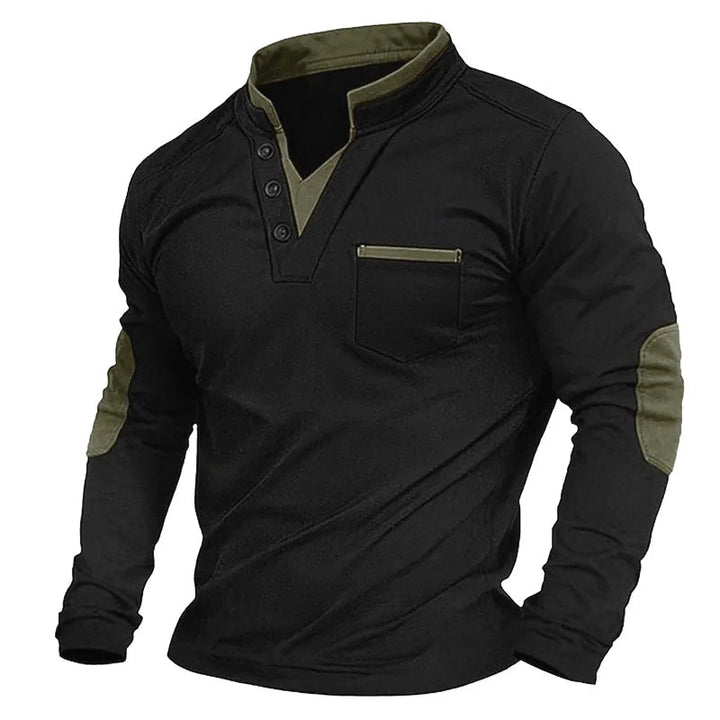 Modern heren longsleeve sweatshirt met V-hals en trendy elleboogpatches, veelzijdig en stijlvol.