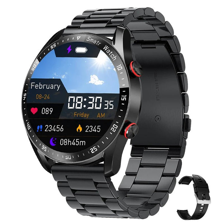 "Stijlvol slim horloge met glucosemeter en gezondheidsmonitor, zilver of zwart, keuze uit leer of siliconen band."