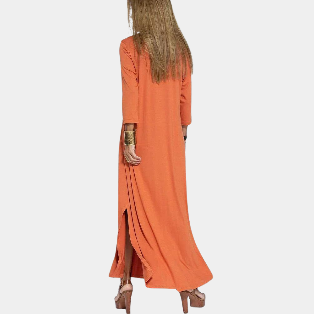 "Stijlvolle A-lijn damesjurk in oranje, zomerjurk met elegante snit. Comfortabele, veelzijdige jurk voor elke gelegenheid."