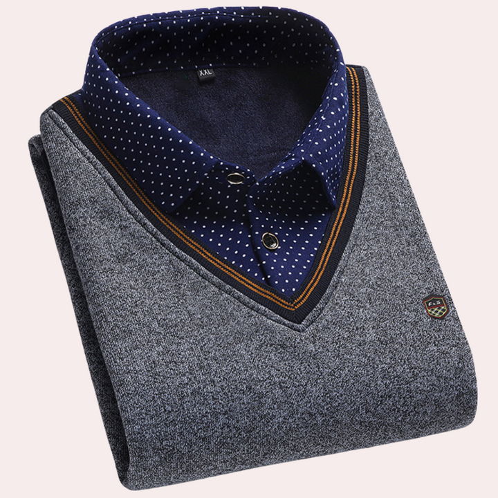 "Stijlvolle blauwe heren zomertrui, Norbert, met elegante overhemdkraag en ademend design, diverse kleuren beschikbaar."