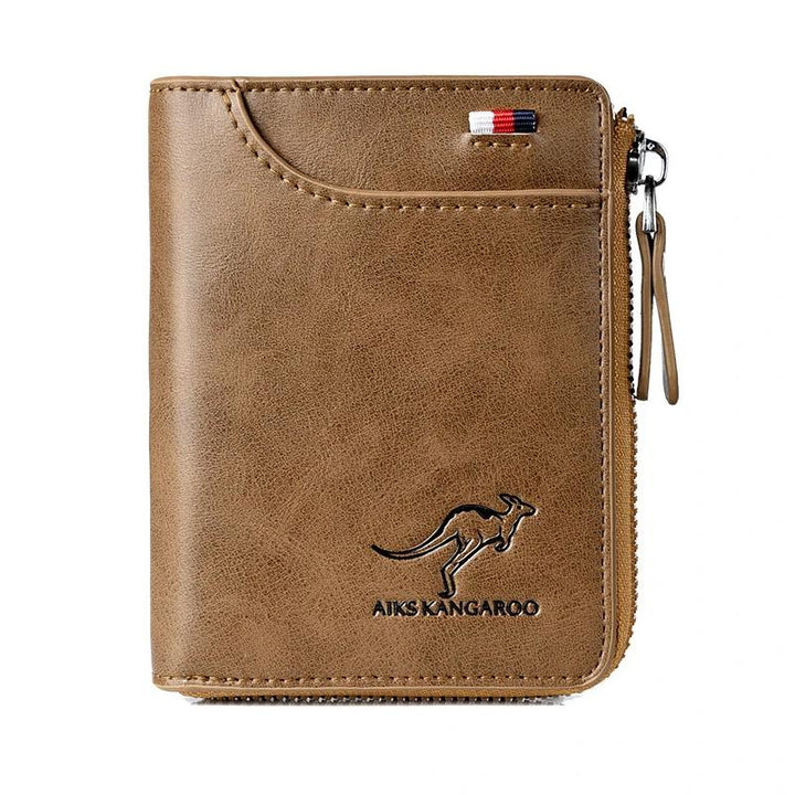 "Stijlvolle compacte RFID portemonnee voor dames, beige PU-leer, strakke look, veilige kaartsleuven, moderne accessoire."