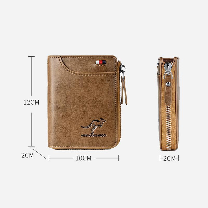 "Stijlvolle compacte RFID portemonnee voor dames, beige PU-leer, strakke look, veilige kaartsleuven, moderne accessoire."