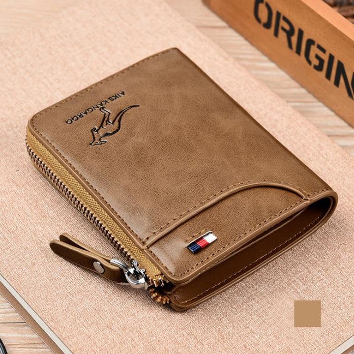 "Stijlvolle compacte RFID portemonnee voor dames, beige PU-leer, strakke look, veilige kaartsleuven, moderne accessoire."