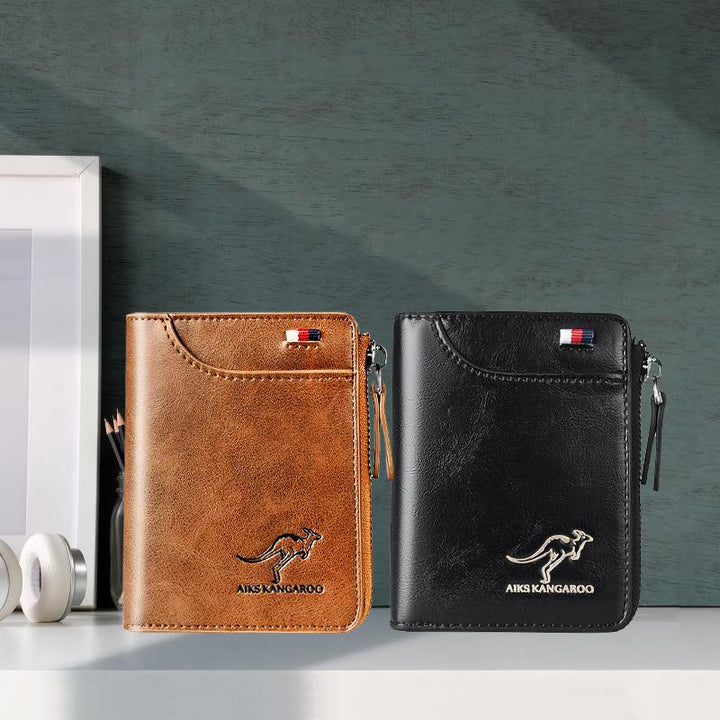 "Stijlvolle compacte RFID portemonnee voor dames, beige PU-leer, strakke look, veilige kaartsleuven, moderne accessoire."