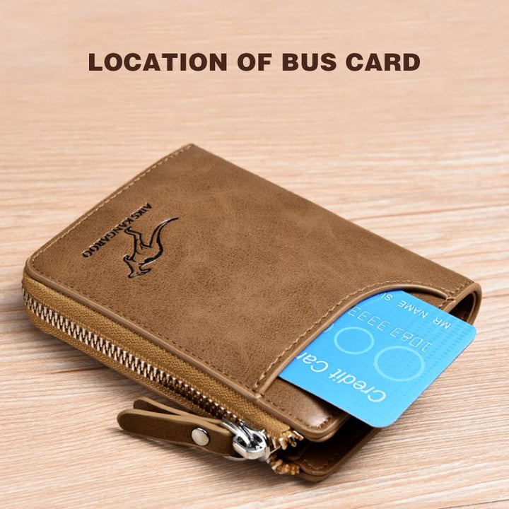 "Stijlvolle compacte RFID portemonnee voor dames, beige PU-leer, strakke look, veilige kaartsleuven, moderne accessoire."