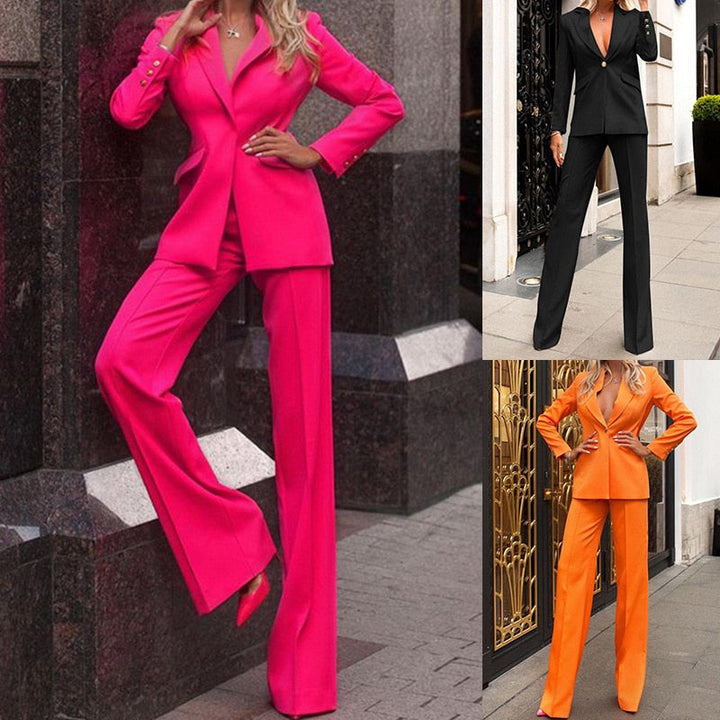 Stijlvolle dames blazer set met getailleerde blazer, V-hals, gouden knoop, rechte broek. Verkrijgbaar in diverse kleuren.