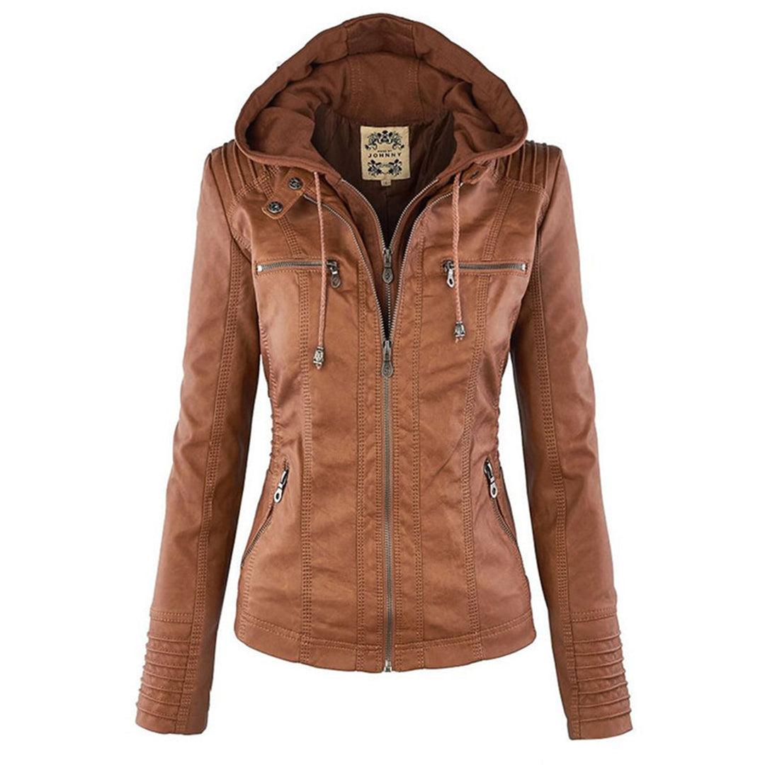 "Stijlvolle dames leren zomerjas, zwart, met moderne ritssluiting en afneembare capuchon, ideaal voor lente & zomer."