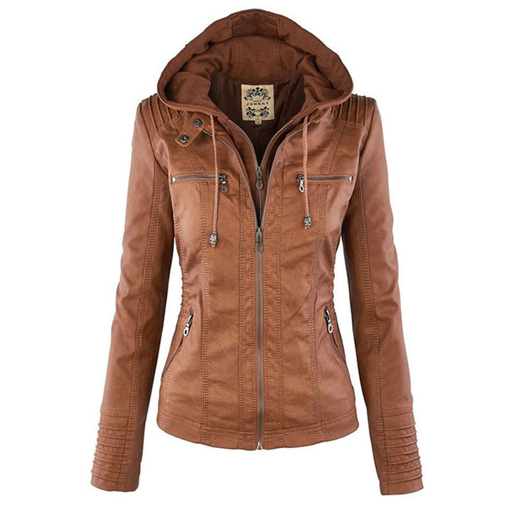 "Stijlvolle dames leren zomerjas, zwart, met moderne ritssluiting en afneembare capuchon, ideaal voor lente & zomer."