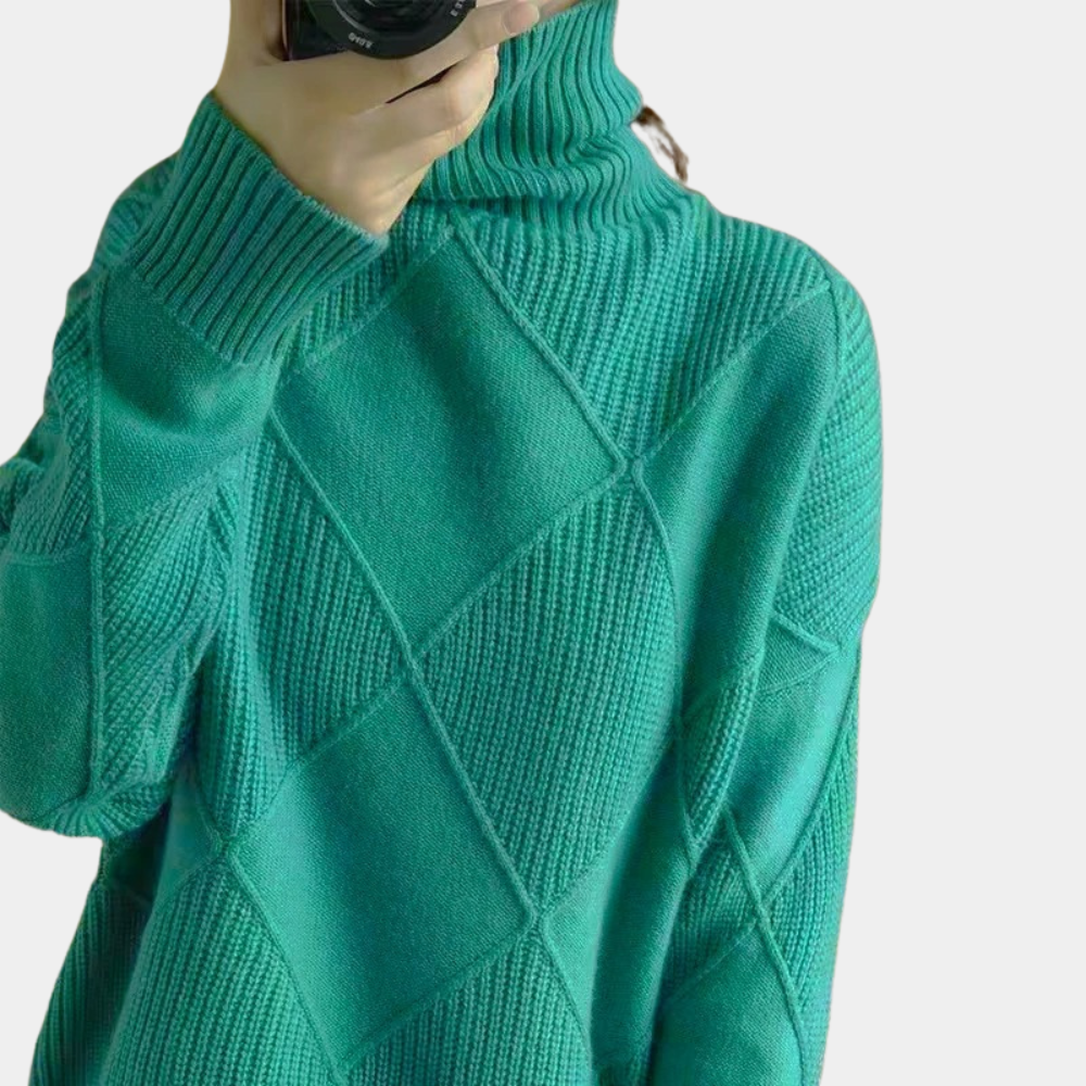 "Stijlvolle dames pullover coltrui met geometrisch ontwerp, warme stof, verkrijgbaar in beige, bruin, grijs, groen, zwart."