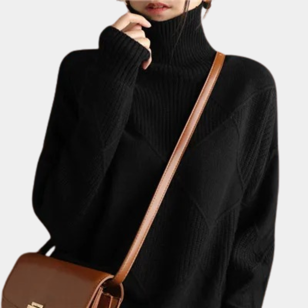 "Stijlvolle dames pullover coltrui met geometrisch ontwerp, warme stof, verkrijgbaar in beige, bruin, grijs, groen, zwart."