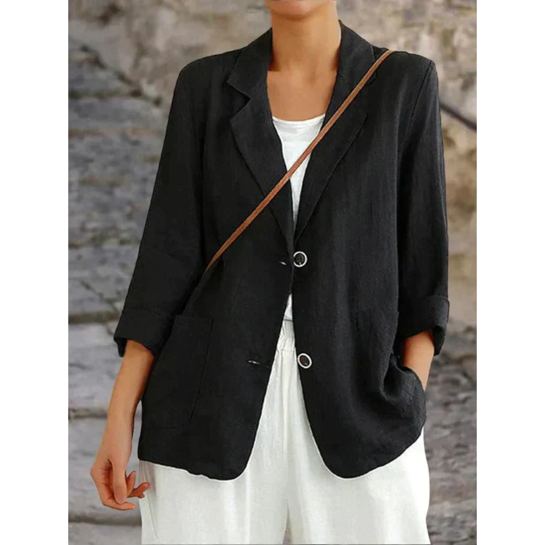 Stijlvolle dameslinnen blazer met chique knopen, verkrijgbaar in blauw, geel, wit en zwart, elegant en comfortabel ontwerp.